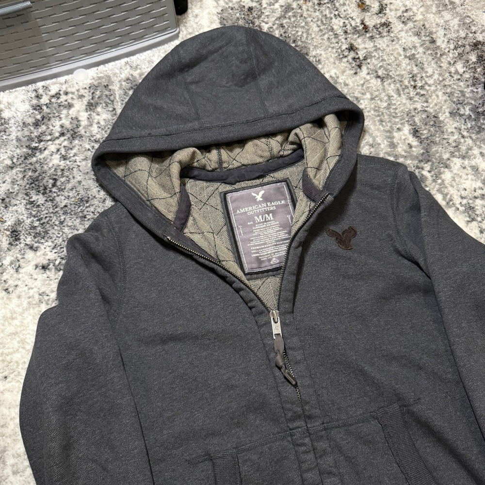 American Eagle Mens Full Zip‎ Hoodie Charcoal Gray Quilt Lined Hood Sweatshirt M